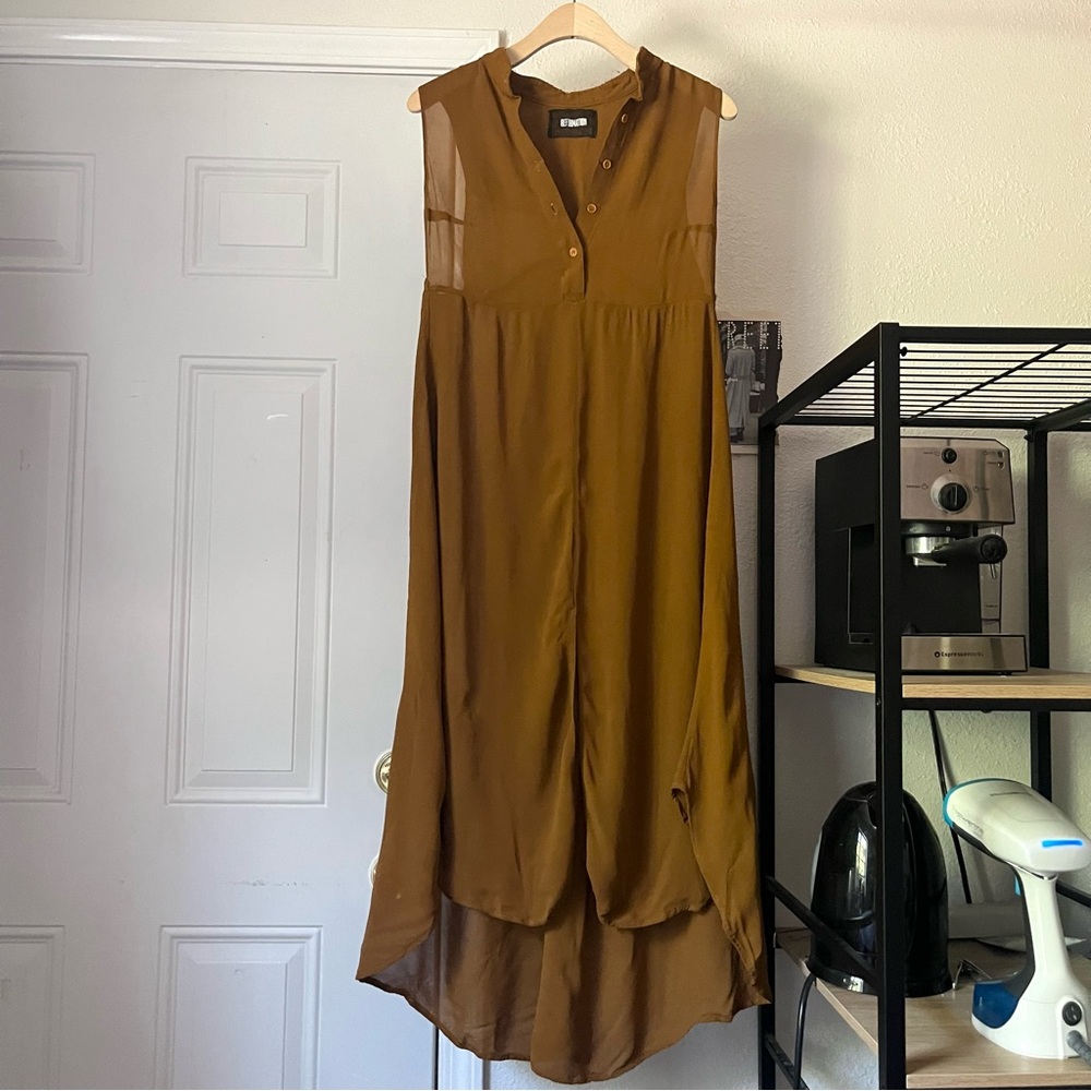 REFORMATION dark mustard semi sheer button up popover sleeveless midi dress
